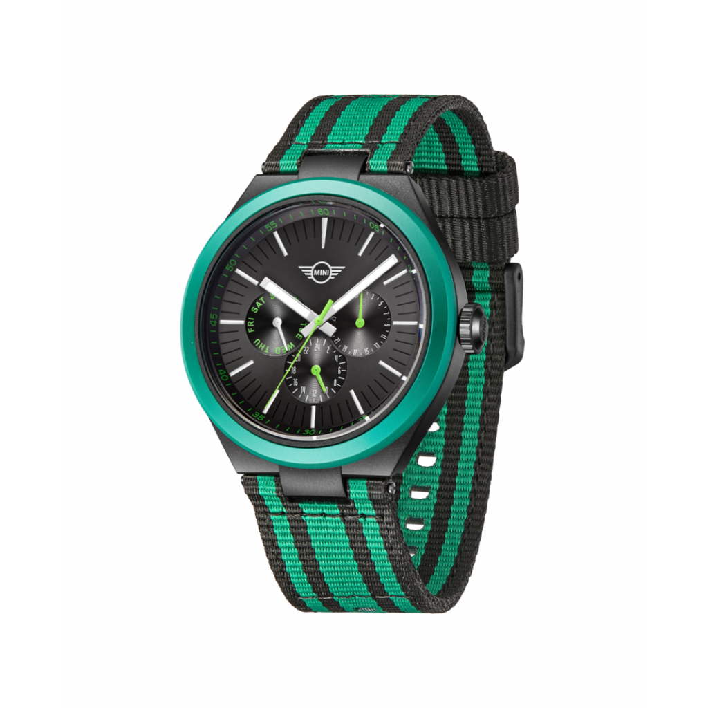 MINI Cooper Ocean Upcycle Green watch with black and green striped fabric strap and black dial
