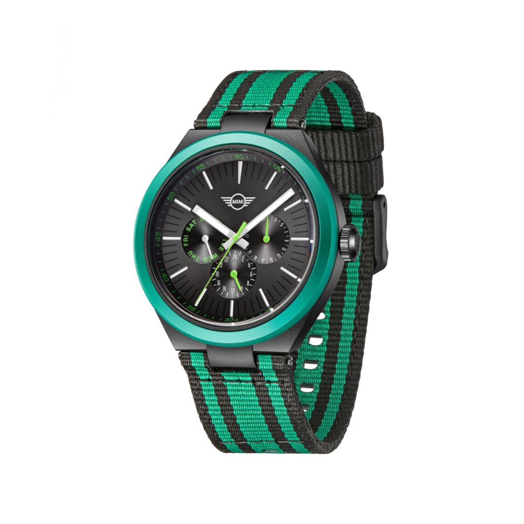 MINI Cooper Ocean Upcycle Green watch with black and green striped fabric strap and black dial