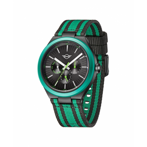 MINI Cooper Ocean Upcycle Green watch with black and green striped fabric strap and black dial