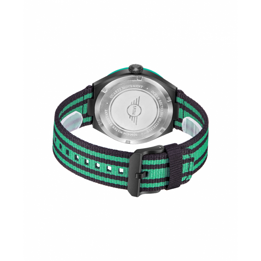 MINI Cooper watch with Ocean Upcycle - Green striped fabric strap and black buckle