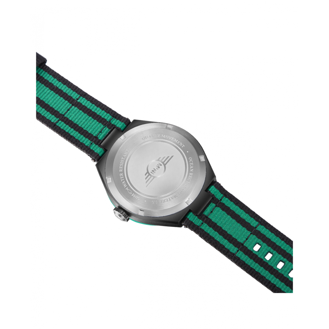 MINI Cooper watch back view with Ocean Upcycle - Green striped fabric strap and metal case