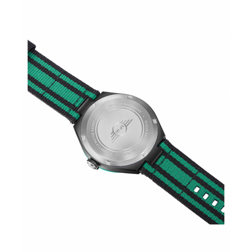 MINI Cooper watch back view with Ocean Upcycle - Green striped fabric strap and metal case