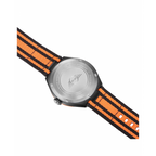 MINI Cooper Ocean Upcycle - Orange watch showing the black and orange striped fabric strap and stainless steel back case