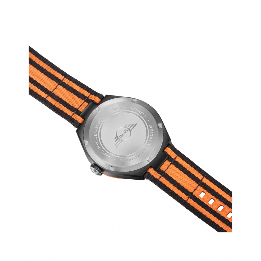 MINI Cooper Ocean Upcycle - Orange watch showing the black and orange striped fabric strap and stainless steel back case