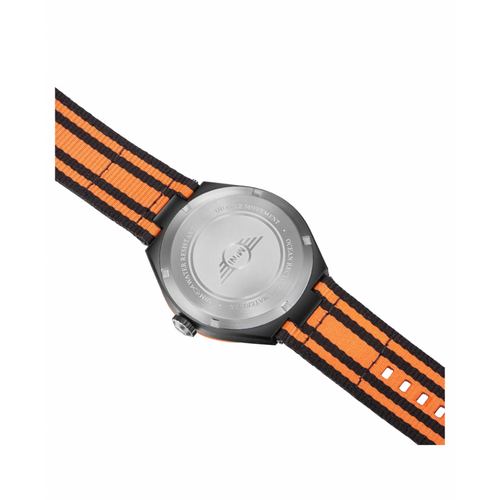 MINI Cooper Ocean Upcycle - Orange watch showing the black and orange striped fabric strap and stainless steel back case