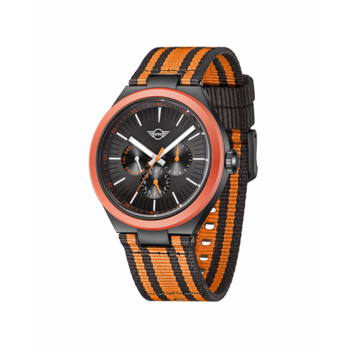MINI Cooper Ocean Upcycle - Orange watch with black and orange striped fabric strap and black dial