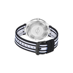 Back view of MINI Cooper Ocean Upcycle - White watch with black and white striped fabric strap and stainless steel case