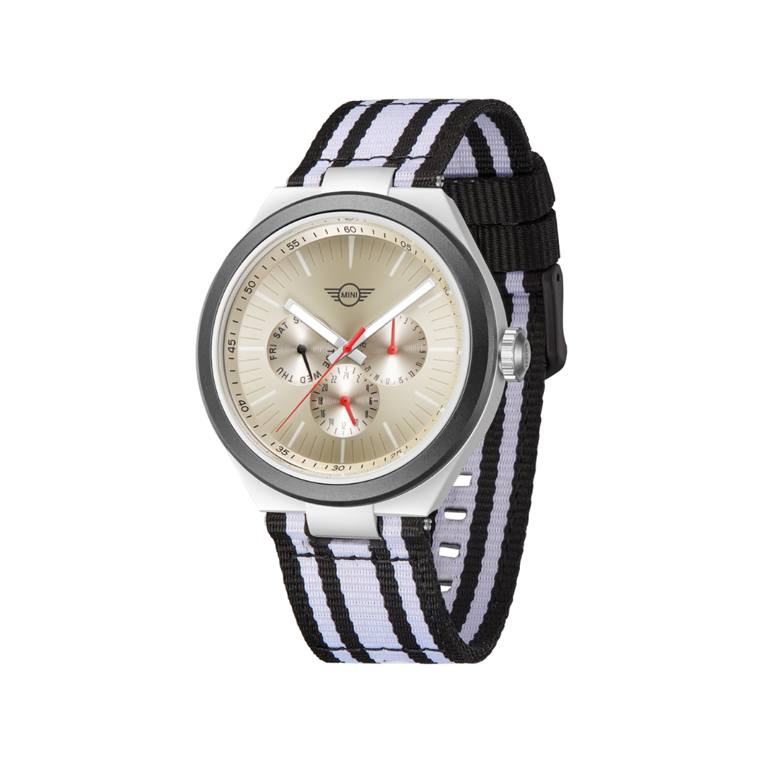 MINI Cooper Ocean Upcycle - White watch with silver dial and black and white striped fabric strap