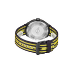 MINI Cooper Ocean Upcycle - Yellow watch with black and yellow striped fabric strap and stainless steel back