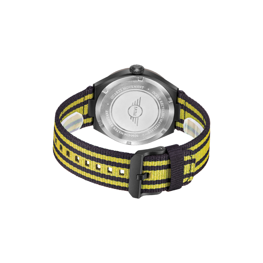 MINI Cooper Ocean Upcycle - Yellow watch with black and yellow striped fabric strap and stainless steel back