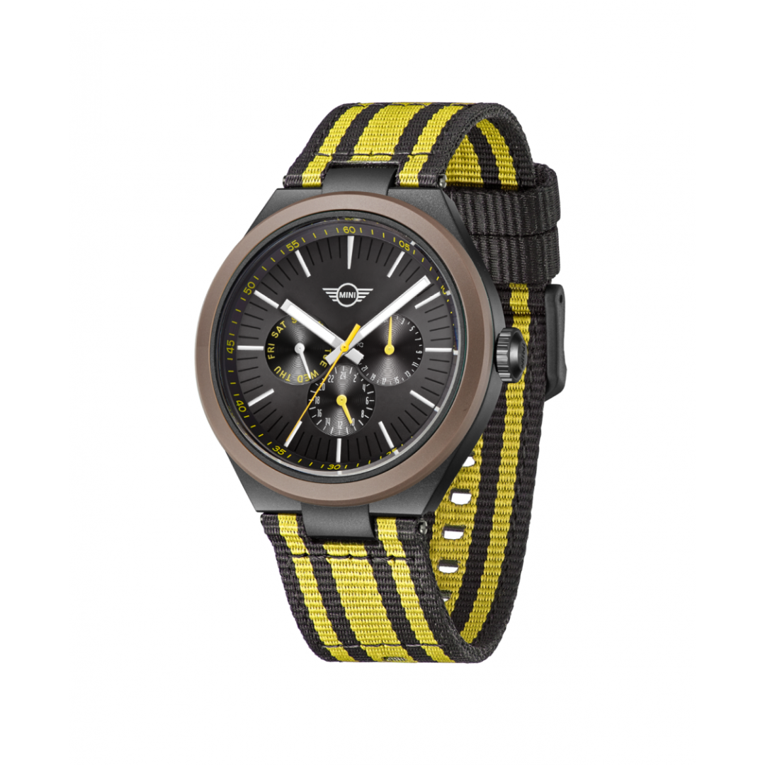 MINI Cooper Ocean Upcycle - Yellow watch with black dial and yellow striped fabric strap