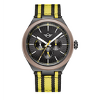 MINI Cooper Ocean Upcycle - Yellow watch with black and yellow striped fabric strap and black dial