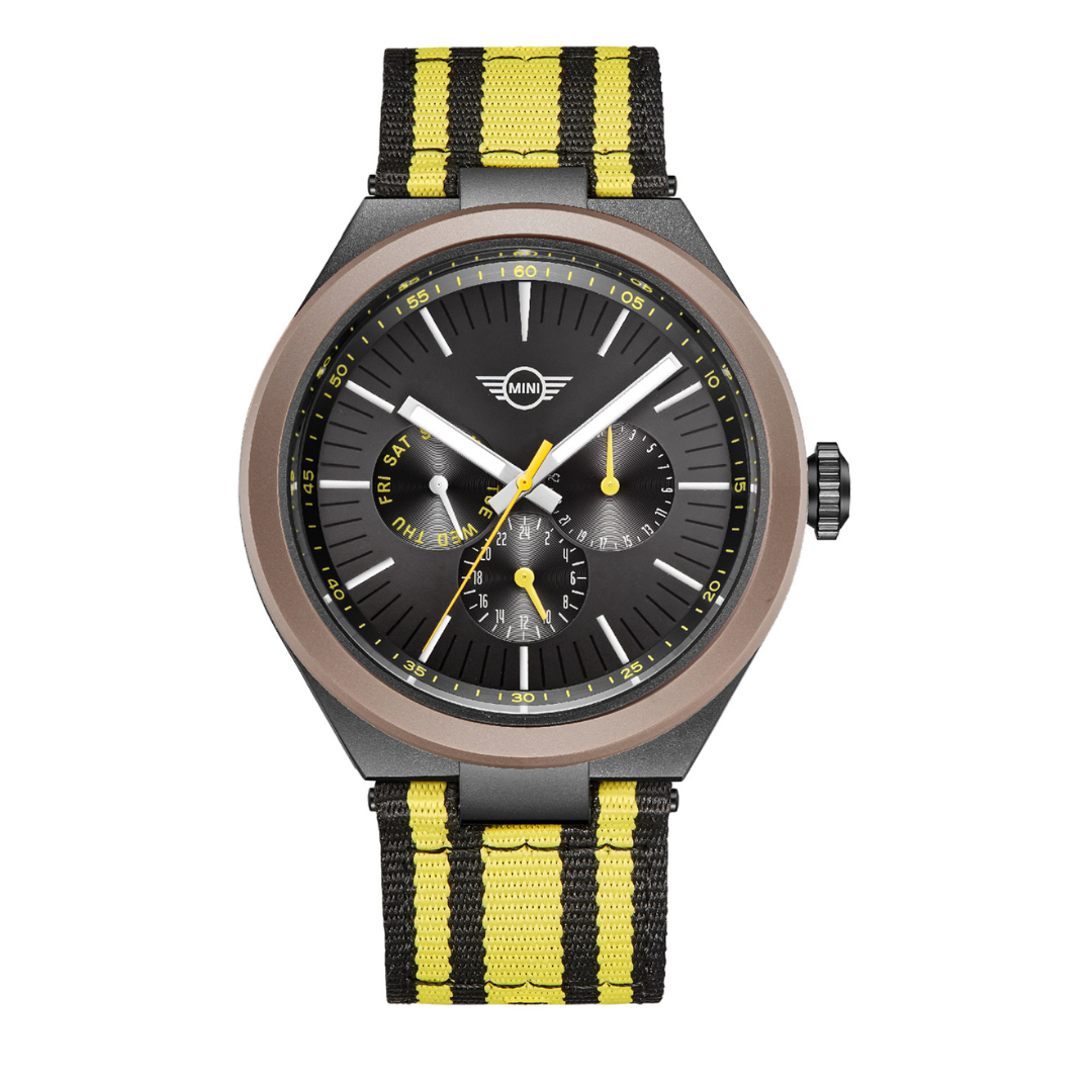 MINI Cooper Ocean Upcycle - Yellow watch with black and yellow striped fabric strap and black dial