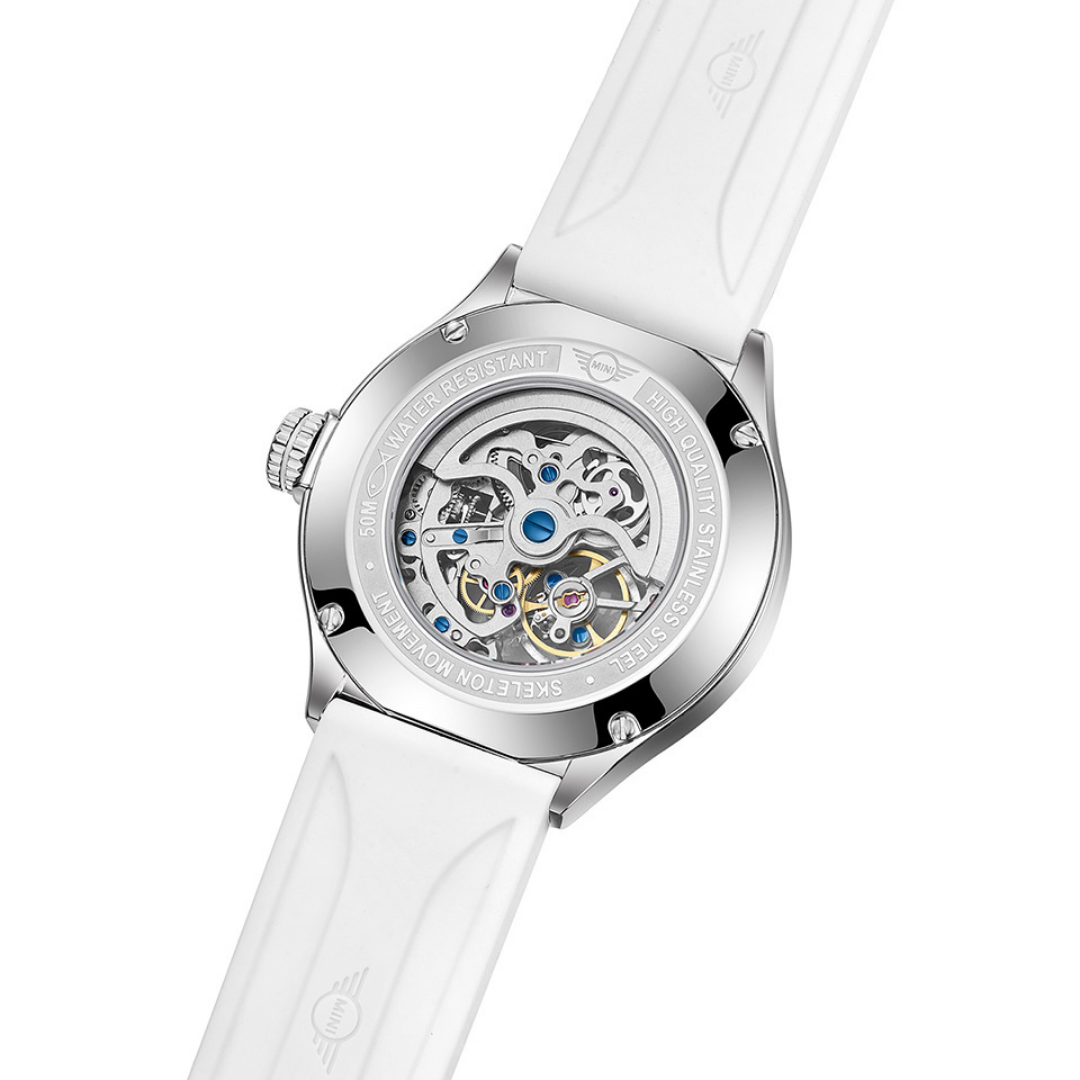 MINI Cooper watch with Skeleton Silicon Strap - White featuring visible mechanical movement and stainless steel case back