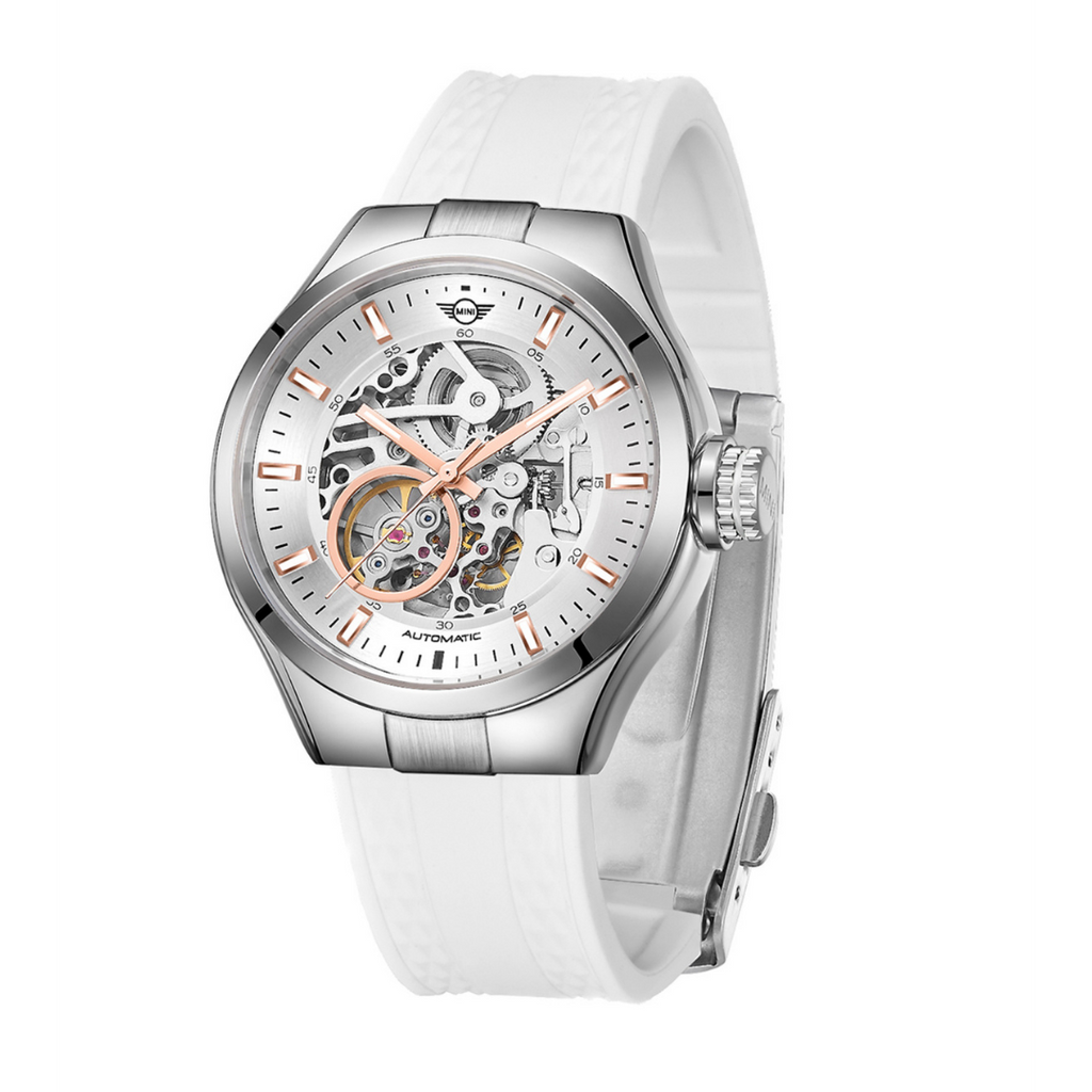 MINI Cooper Skeleton Silicon Strap - White watch with silver case and visible mechanical movement