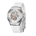 MINI Cooper Skeleton Silicon Strap - White watch with silver case and visible mechanical movement