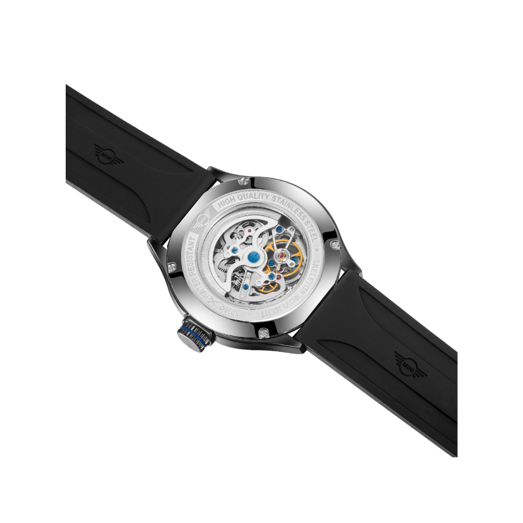 MINI Cooper Skeleton Silicone Strap Black watch showing detailed back view of mechanical movement