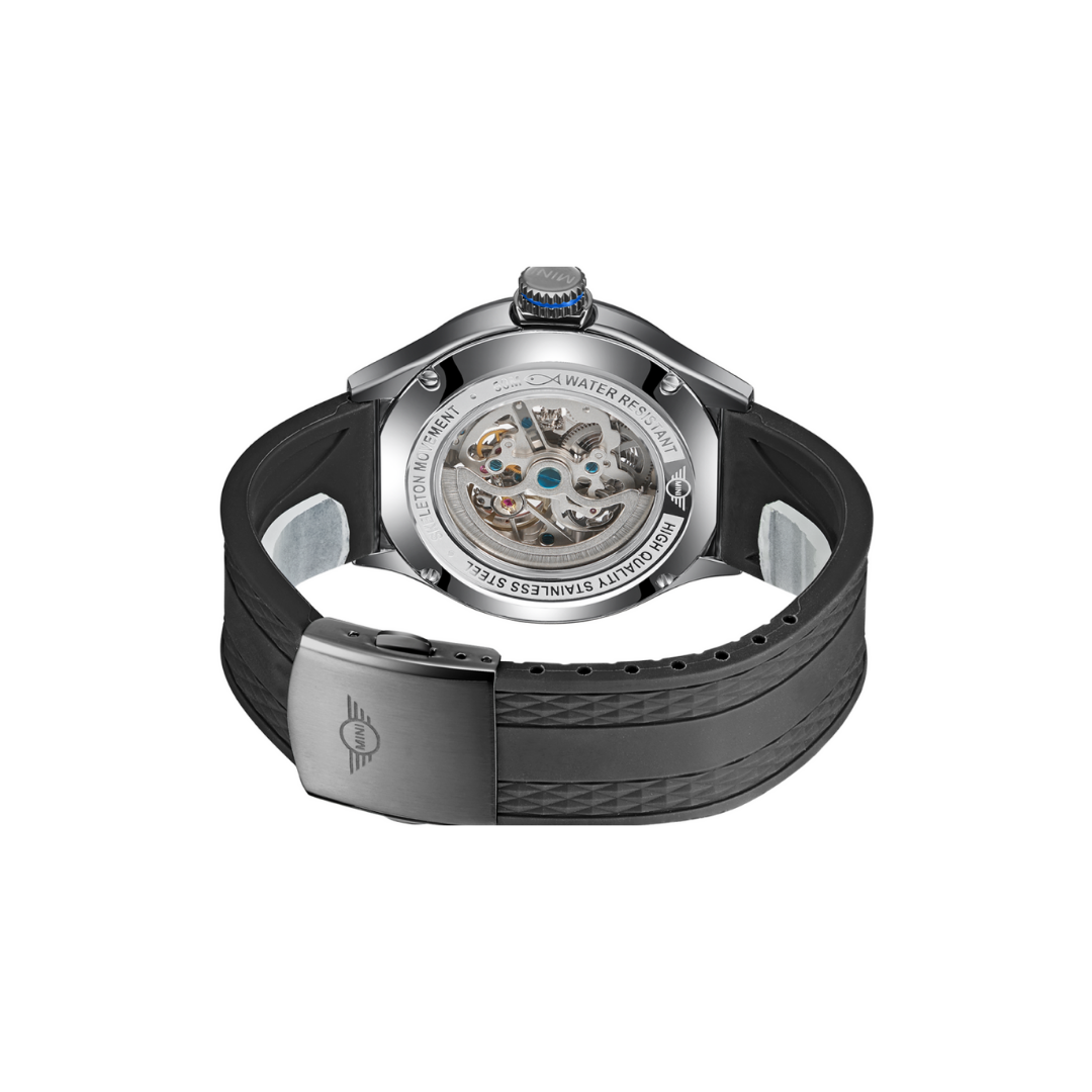 MINI Cooper Skeleton (Silicone Strap) - Black watch showing back case with visible movement and black silicone strap