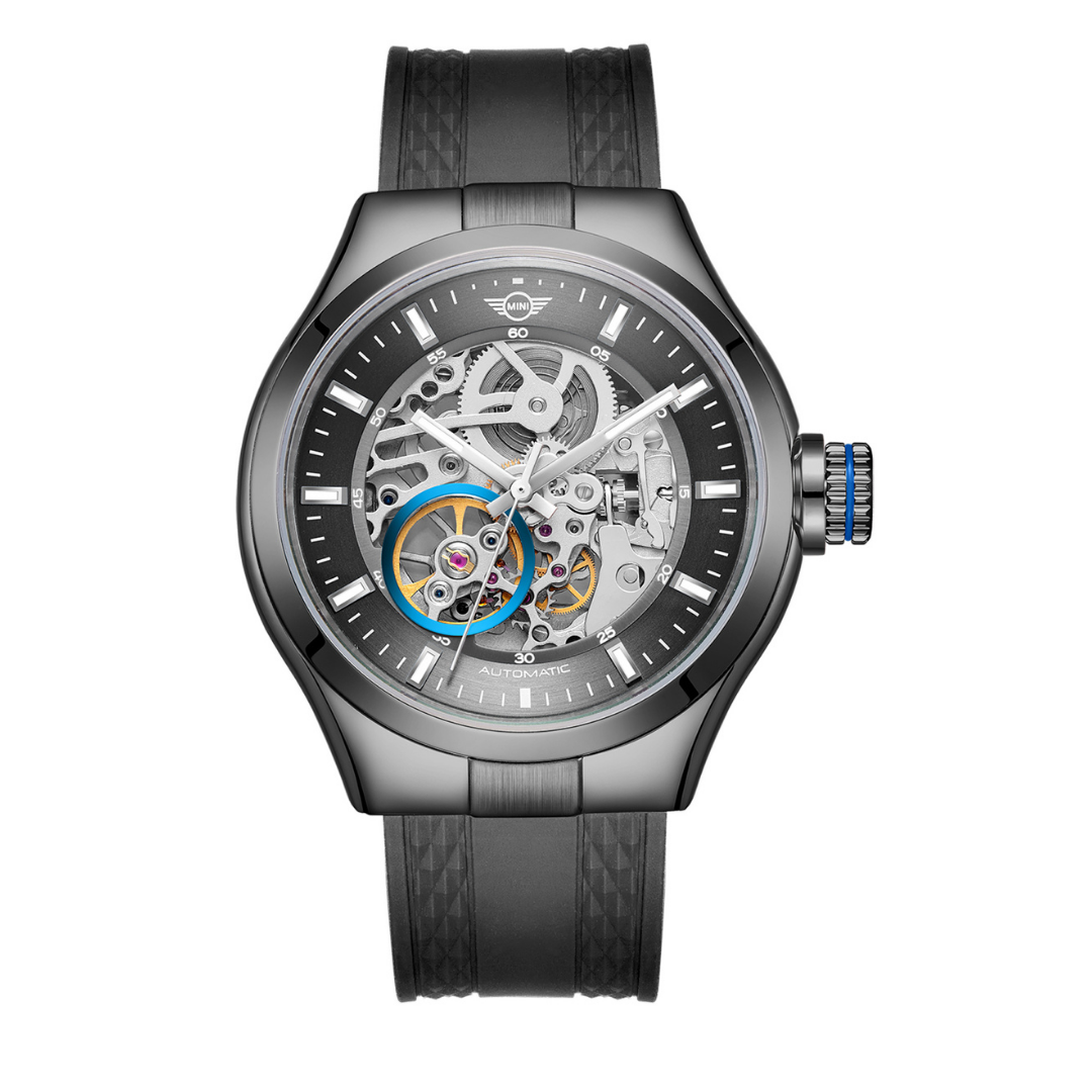 MINI Cooper Skeleton Silicone Strap Black watch with transparent mechanical dial and black silicone band