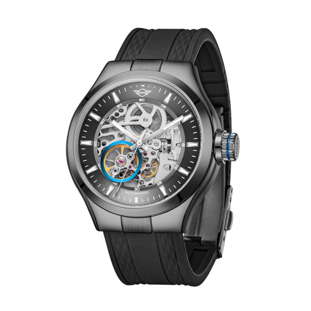 MINI Cooper Skeleton (Silicone Strap) - Black watch with transparent dial and black textured silicone band