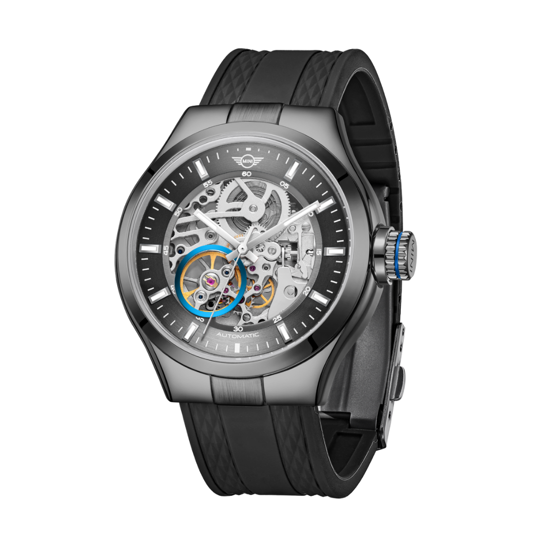 MINI Cooper Skeleton (Silicone Strap) - Black watch with transparent dial and black textured silicone band