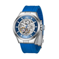 MINI Cooper watch featuring Skeleton Silicone Strap - Blue and a silver skeleton dial with automatic movement