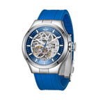 MINI Cooper watch featuring Skeleton Silicone Strap - Blue and a silver skeleton dial with automatic movement