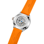 MINI Cooper watch with Skeleton Silicone Strap - Orange and visible mechanical movement back case