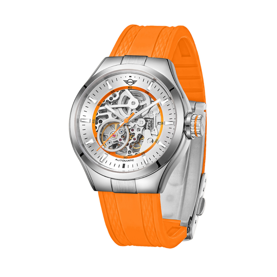 MINI Cooper watch with skeleton dial and Skeleton Silicone Strap - Orange for sporty style
