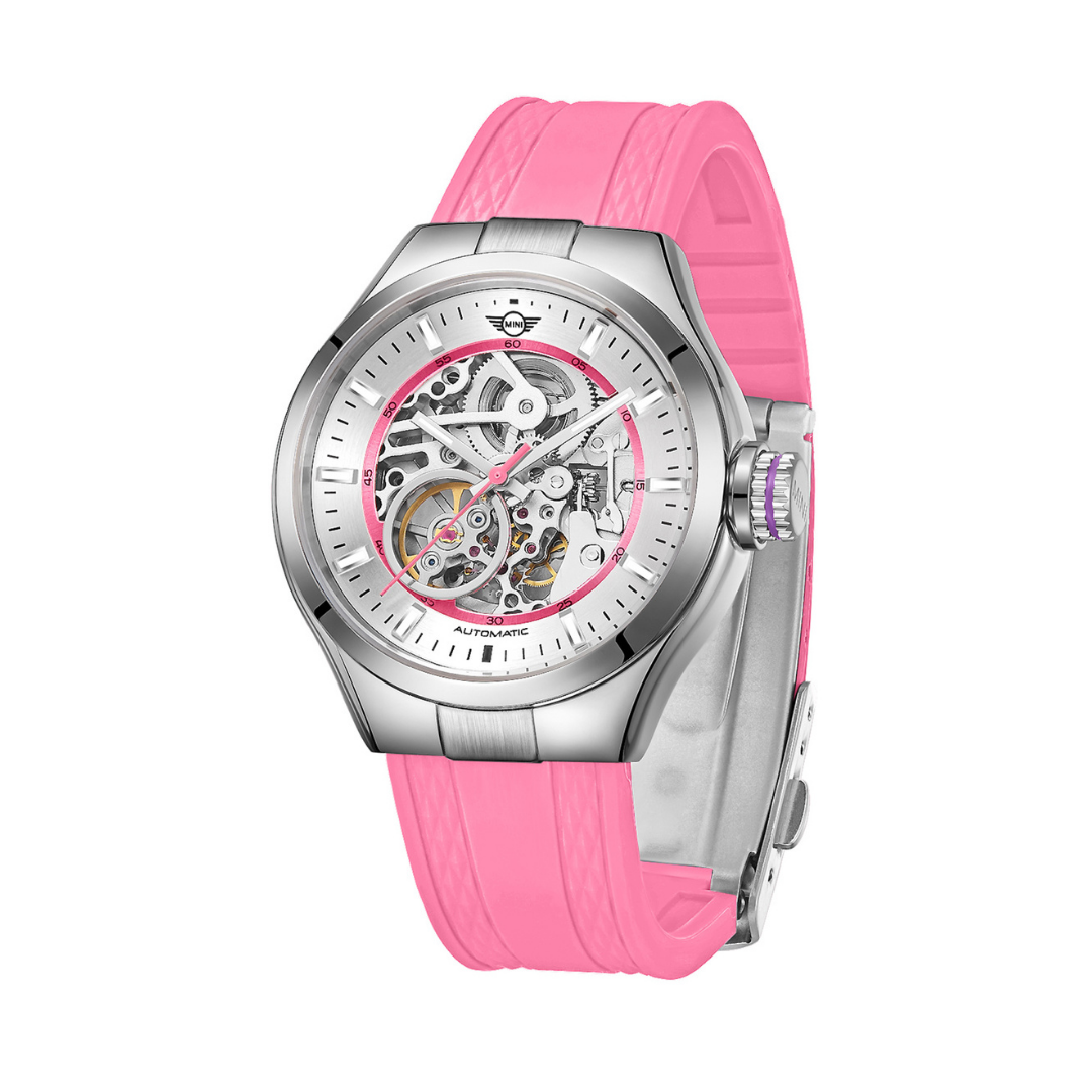 MINI Cooper watch with Skeleton Silicone Strap - Pink and silver skeleton dial automatic movement