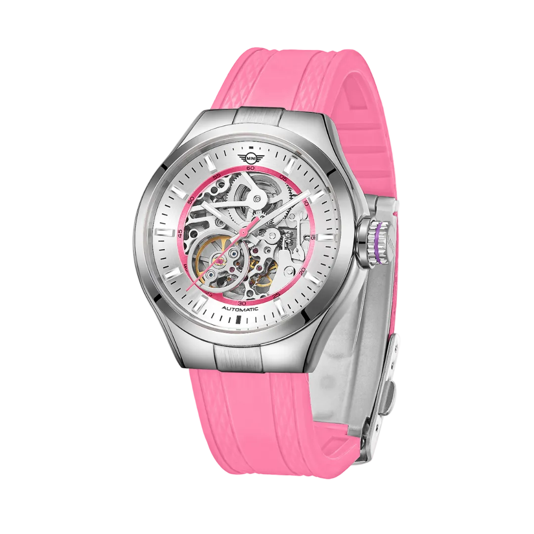 MINI Cooper watch with Skeleton Silicone Strap - Pink and silver skeleton dial automatic movement