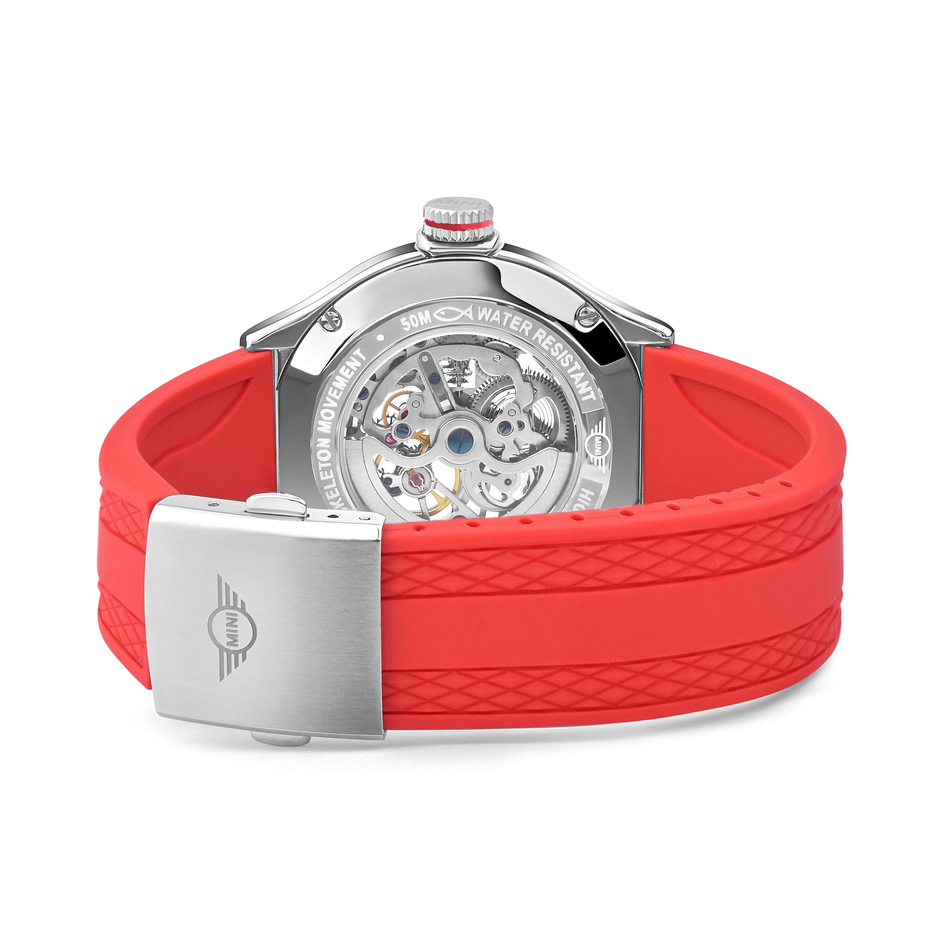 MINI Cooper watch with Skeleton Silicone Strap - Red and visible mechanical movement back