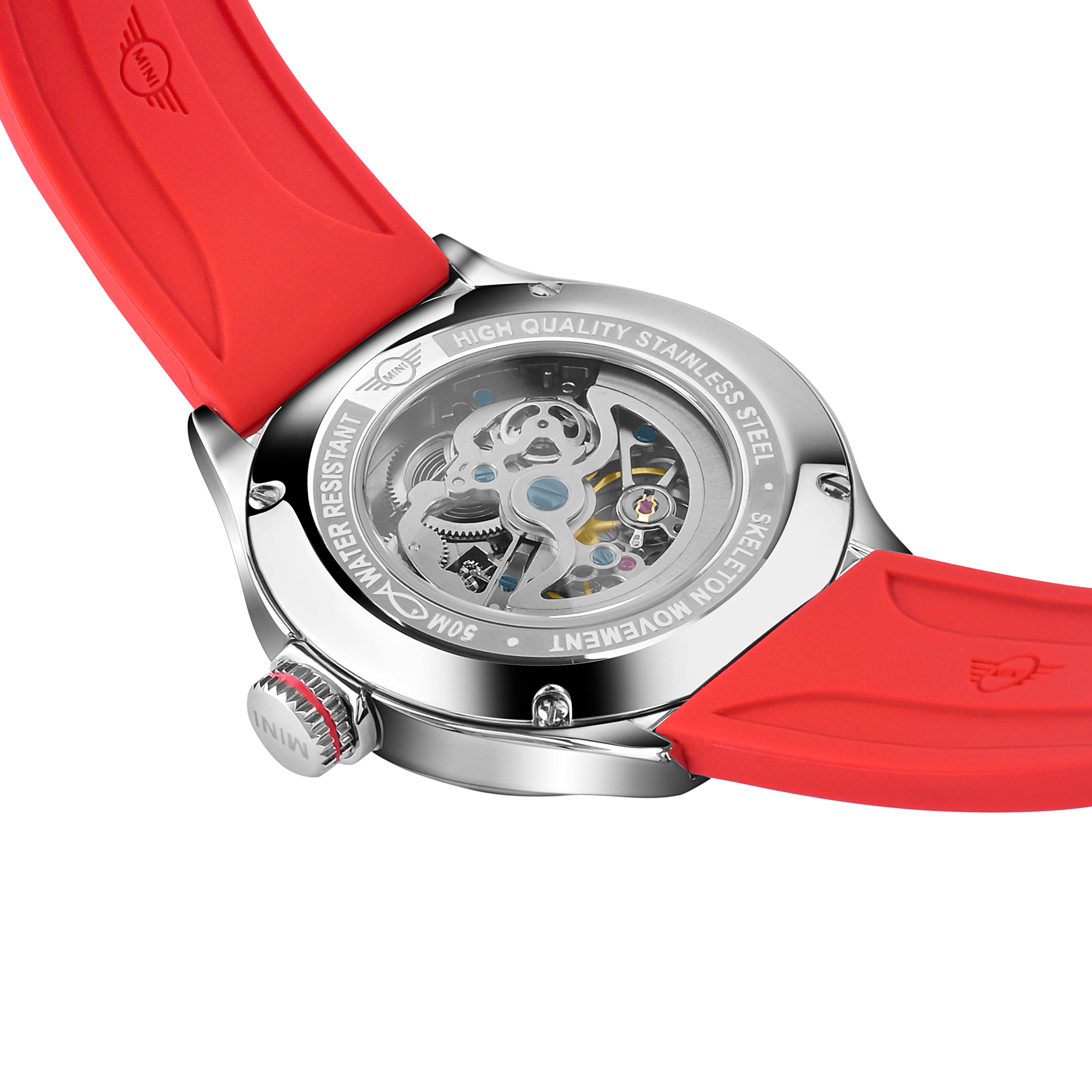 MINI Cooper watch back showing mechanical movement with Skeleton Silicone Strap - Red