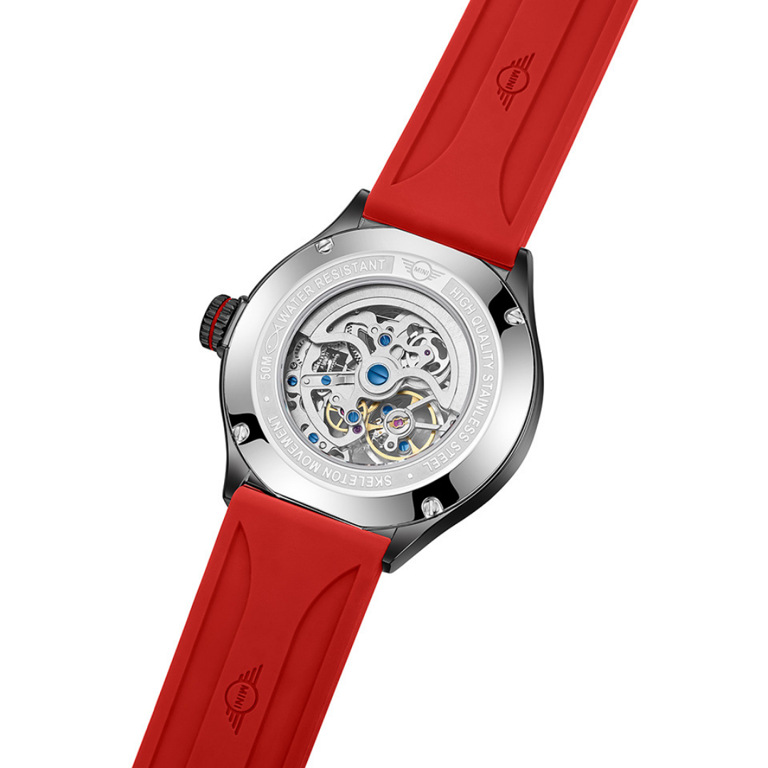 MINI Cooper watch with Skeleton Silicone Strap red and black showcasing detailed mechanical movement