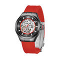 MINI Cooper watch with Skeleton Silicone Strap - Red & Black featuring visible mechanical movement
