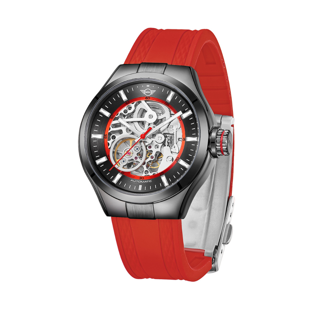 MINI Cooper watch with Skeleton Silicone Strap - Red & Black featuring visible mechanical movement
