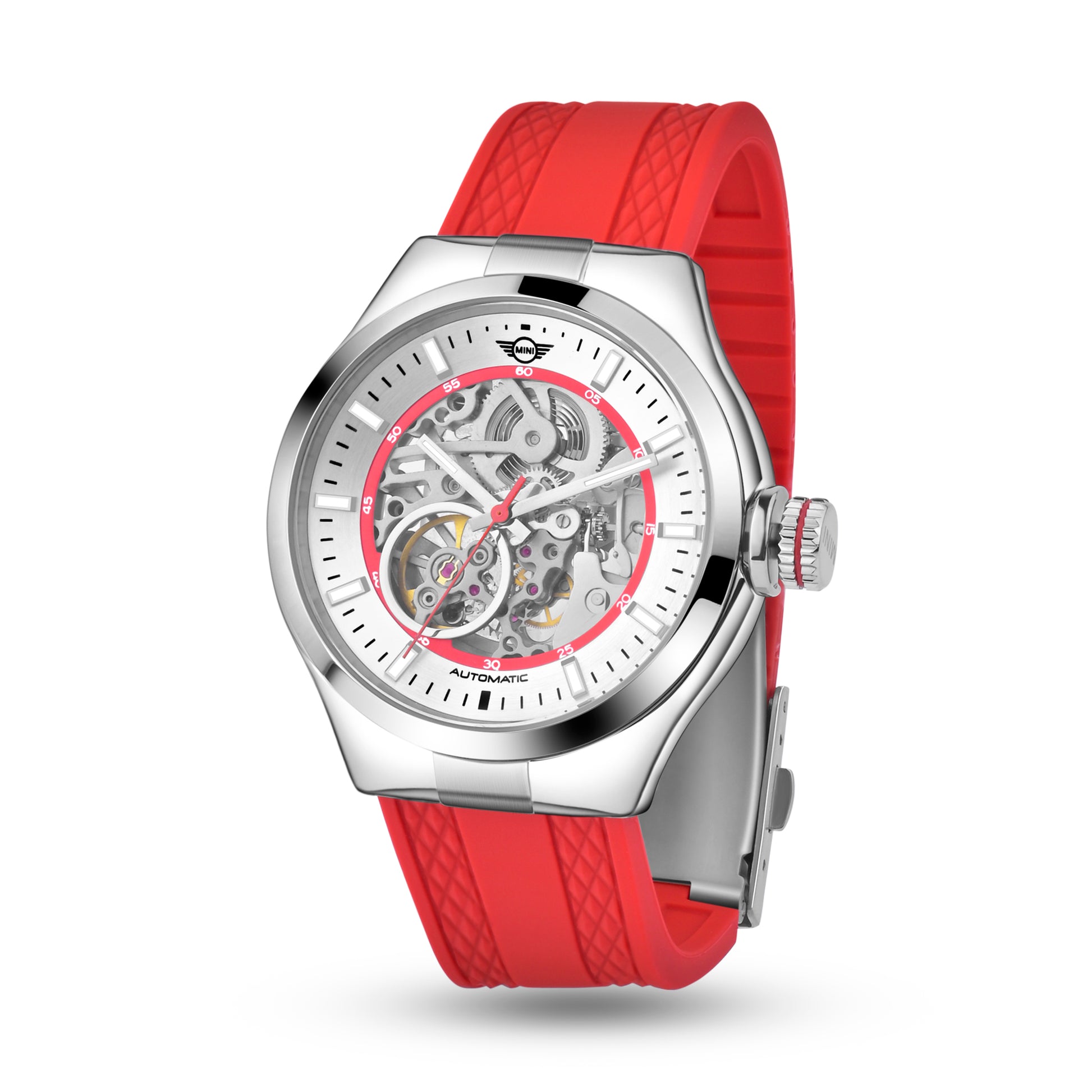 MINI Cooper watch with skeleton dial and Skeleton Silicone Strap - Red for a modern look