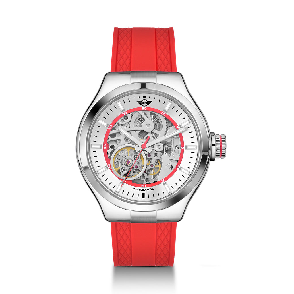 MINI Cooper watch with Skeleton Silicone Strap - Red and visible automatic movement dial