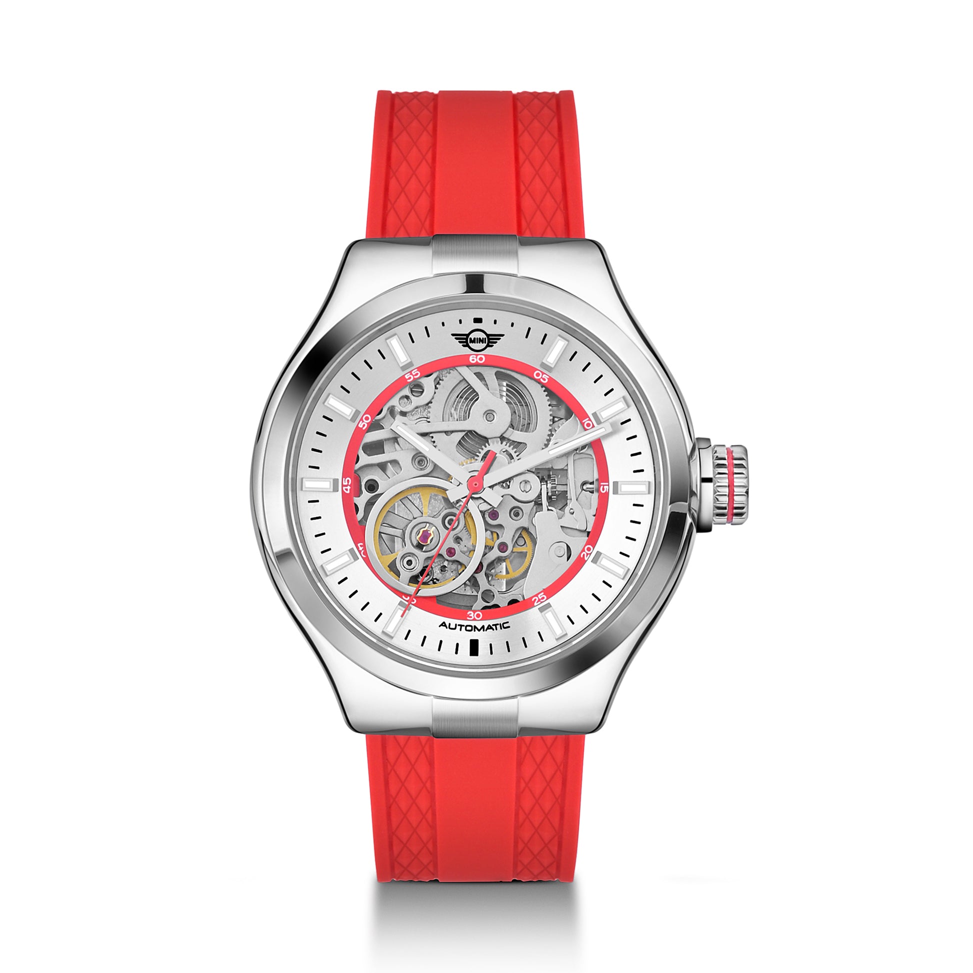 MINI Cooper watch with Skeleton Silicone Strap - Red and visible automatic movement dial