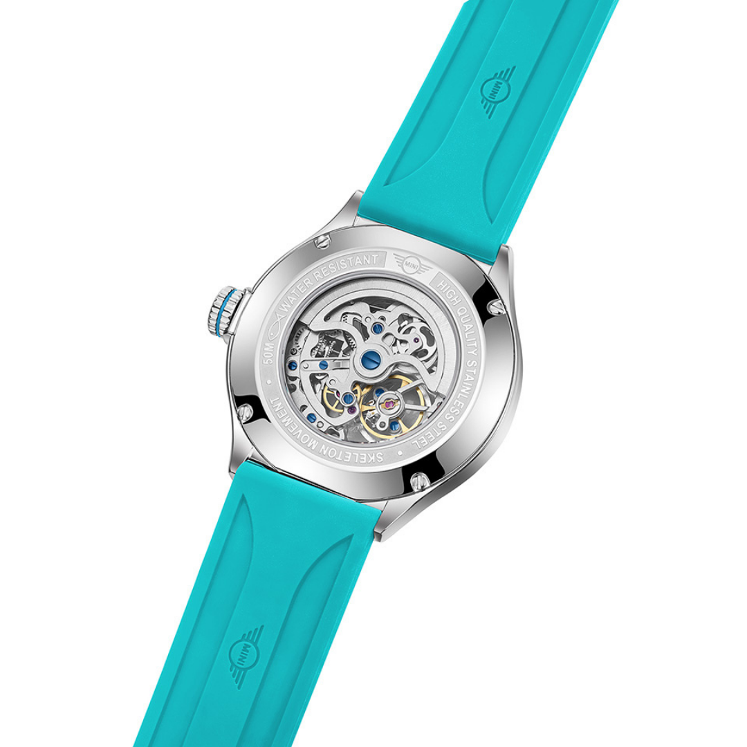 MINI Cooper watch with Skeleton Silicone Strap - Turquoise and visible mechanical movement case back