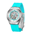 MINI Cooper watch with Skeleton Silicone Strap - Turquoise and a silver skeleton dial