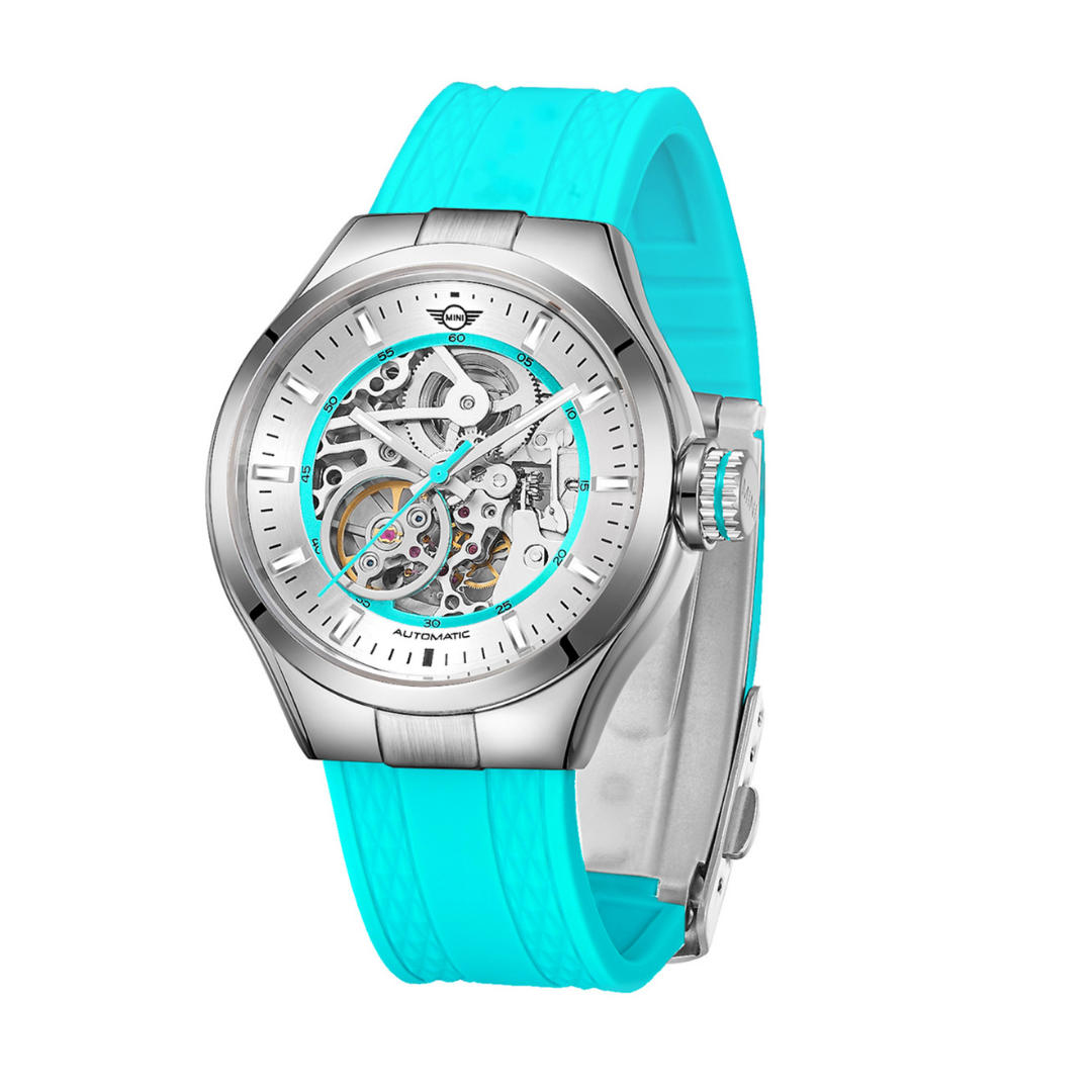 MINI Cooper watch with Skeleton Silicone Strap - Turquoise and a silver skeleton dial