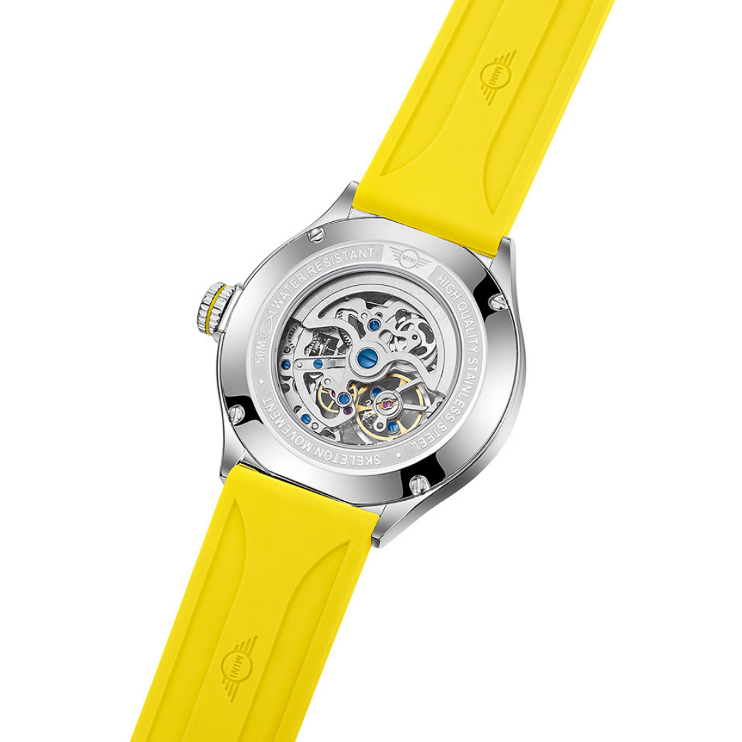 MINI Cooper watch with Skeleton Silicone Strap - Yellow showing detailed mechanical movement back