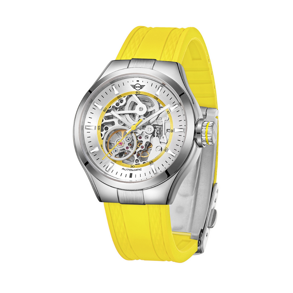 MINI Cooper watch with Skeleton Silicone Strap - Yellow and silver skeleton dial automatic movement