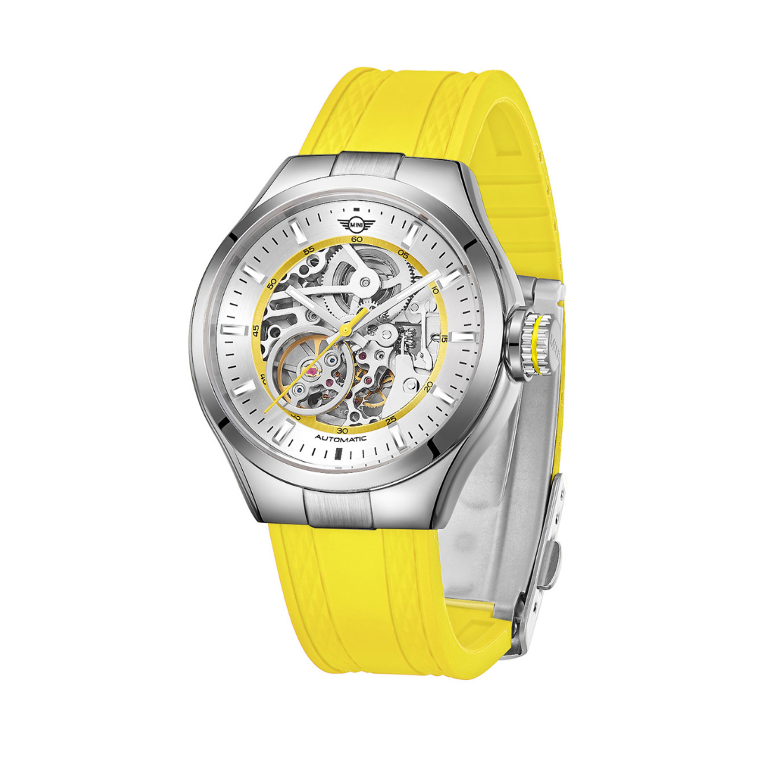 MINI Cooper watch with Skeleton Silicone Strap - Yellow and silver skeleton dial automatic movement