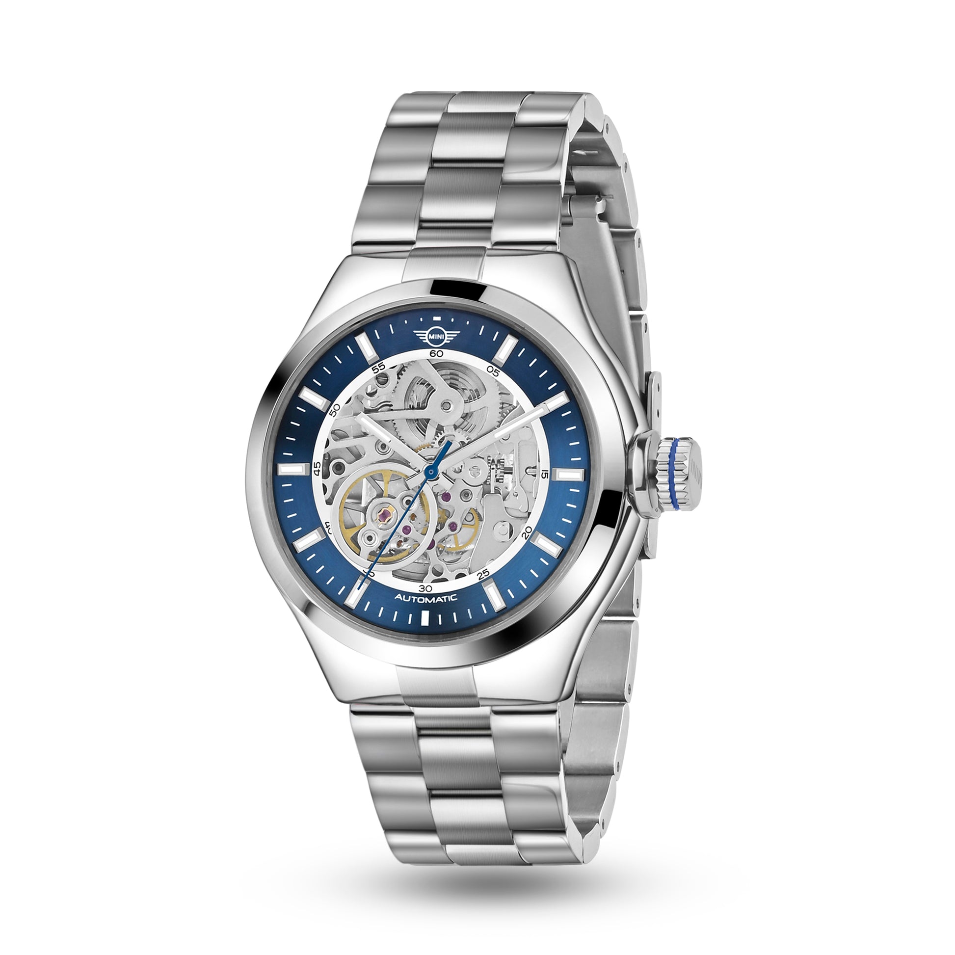 MINI Cooper Skeleton Steel Bracelet - Blue automatic watch with silver stainless steel band and visible skeleton dial