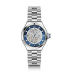 MINI Cooper Skeleton Steel Bracelet - Blue watch with a silver stainless steel band and visible mechanical movement