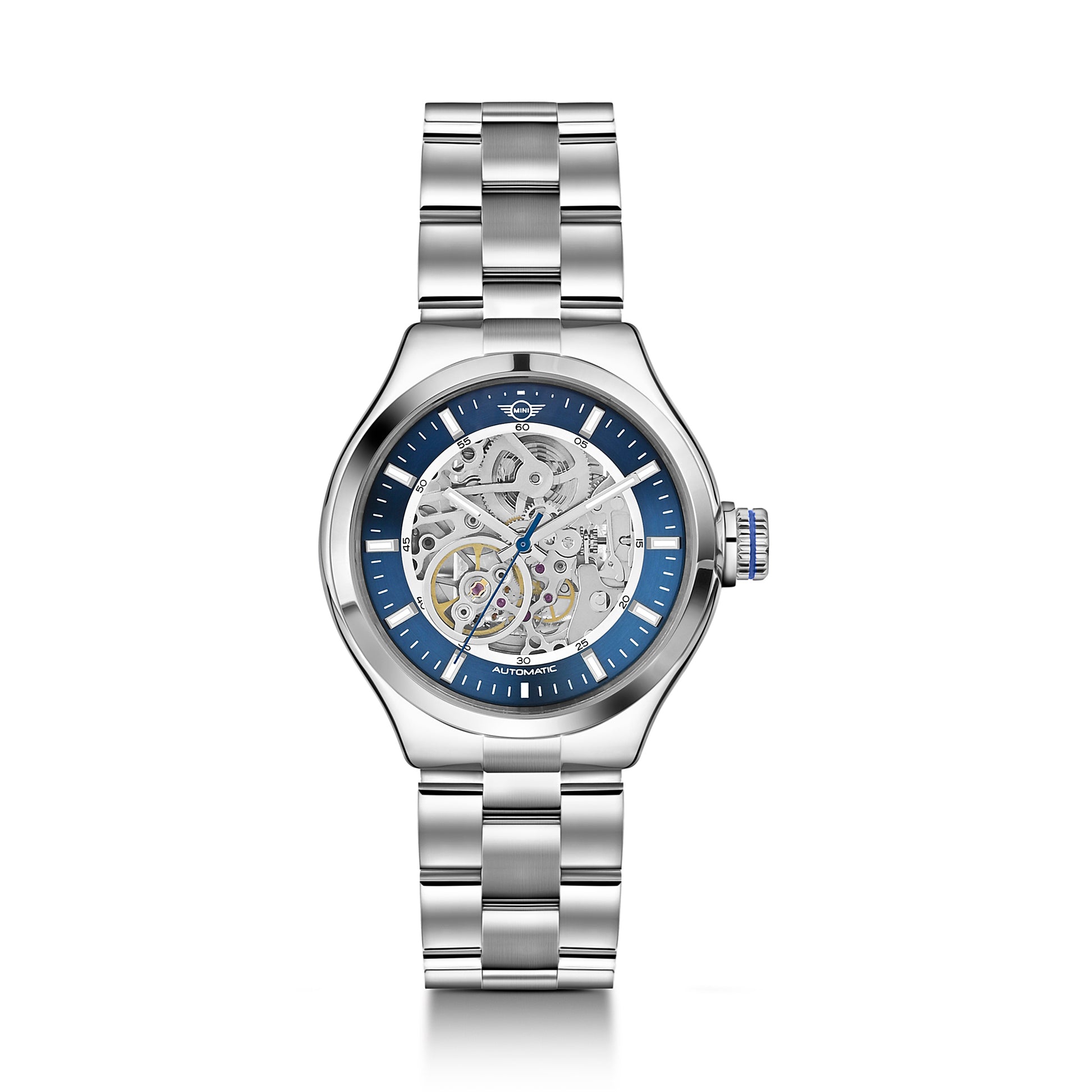 MINI Cooper Skeleton Steel Bracelet - Blue watch with a silver stainless steel band and visible mechanical movement