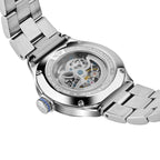 MINI Cooper watch with Skeleton Steel Bracelet - Blue featuring visible mechanical movement and stainless steel design