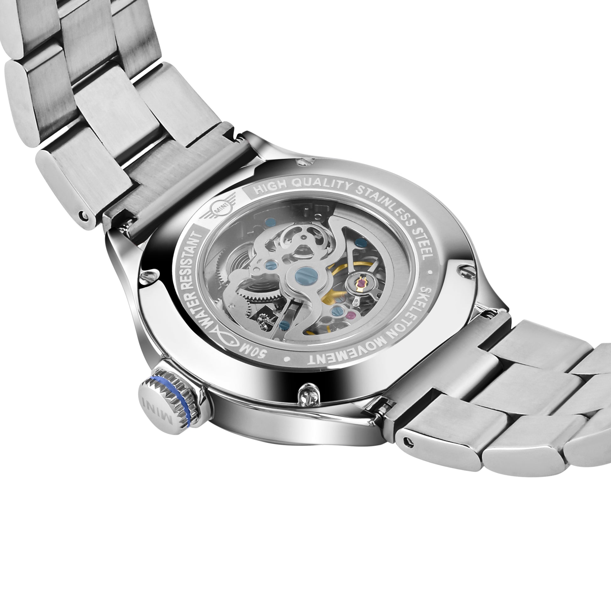 MINI Cooper watch with Skeleton Steel Bracelet - Blue featuring visible mechanical movement and stainless steel design